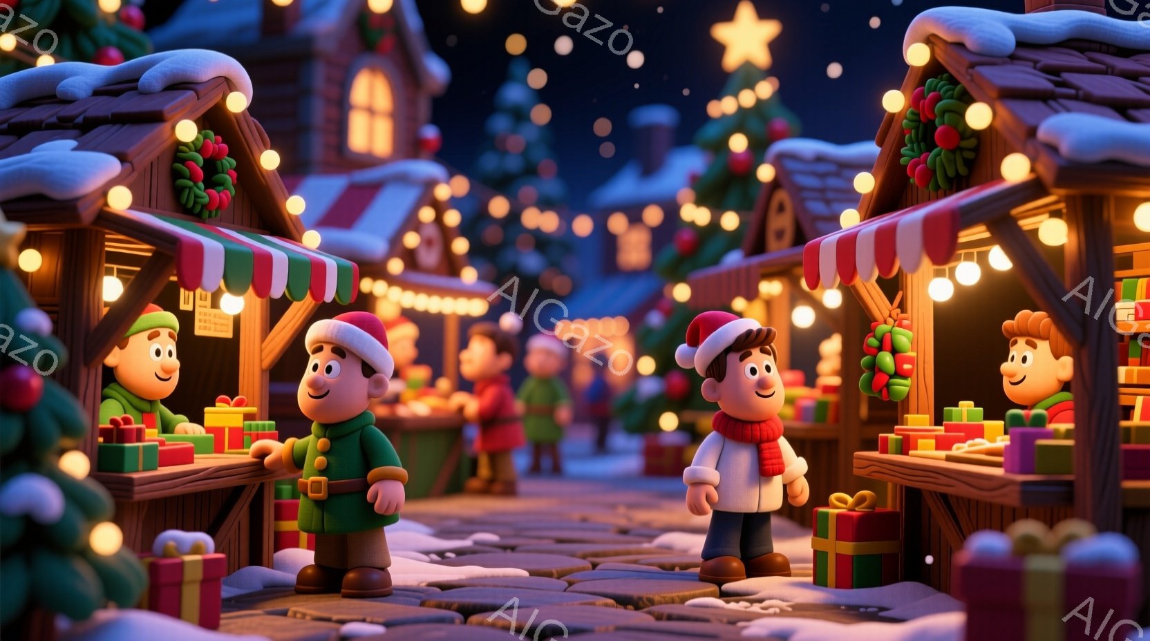 雪が降り積もるクリスマスマーケットの様子が描かれています。可愛らしいキャラクターたちがサンタ帽とマフラーを身につけ、プレゼントの山に囲まれて笑顔を見せています。背景には装飾された店並みが立ち並び、暖か - AI生成フリー素材