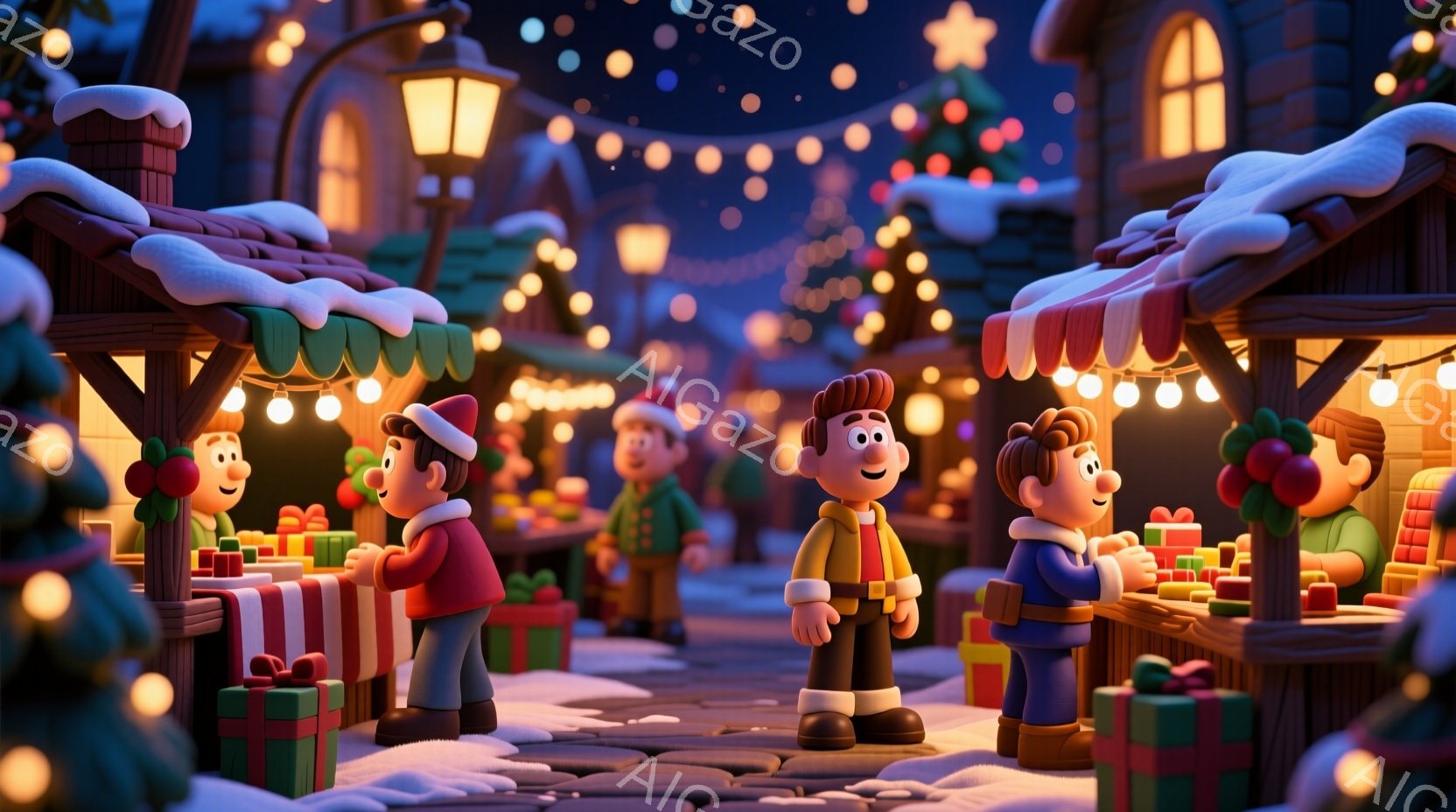 クリスマスのマーケットの賑やかな様子を描いています。人々は厚手のジャケットや帽子を身につけ、プレゼントが積み上げられた屋台の周りに集まっています。背景には、雪で覆われた建物と、きらめくイルミネーション - AI生成フリー素材