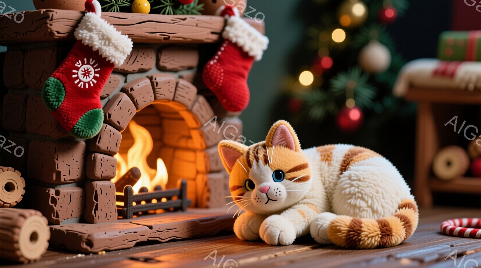 暖炉のそばでオレンジと白の縞模様の猫がリラックスして横たわっています。背景には、装飾が施されたクリスマスツリーと赤い靴下、そして木の床が見え、温かく居心地の良い冬の雰囲気を醸し出しています。暖炉の炎が猫を照らし、全体的に穏やかで平和な情景が描かれています。