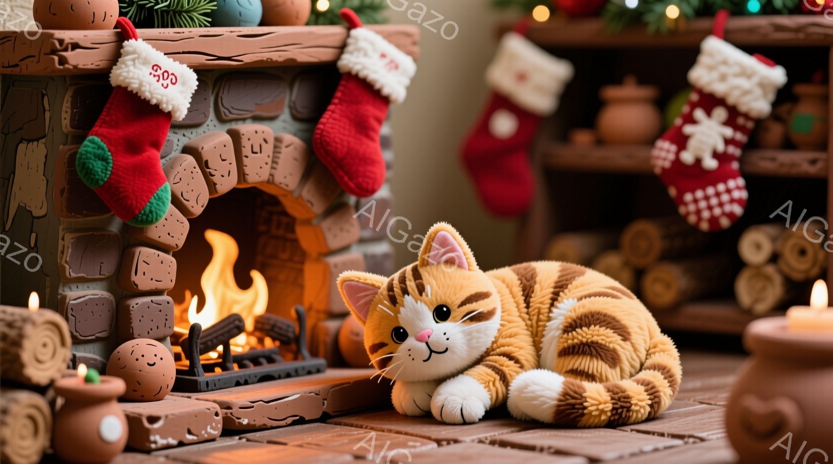 暖炉のそばでオレンジ色の縞模様の猫が横たわっており、リラックスした表情をしています。暖炉には炎が燃え盛り、その上にはクリスマス柄の靴下が飾られています。背景には木製の棚があり、小さなキャンドルや陶器のクッキーが入った壺が置かれ、温かく心地よいクリスマスの雰囲気を醸し出しています。
