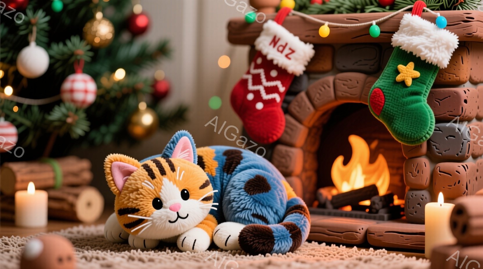 暖炉の前に、青とオレンジの縞模様の猫のぬいぐるみと赤いクリスマスストッキングが置かれています。猫はリラックスした姿勢で横になり、優しい笑顔を浮かべています。背景には、装飾が施されたクリスマスツリーと、暖炉の温かい光が穏やかな雰囲気を醸し出しています。