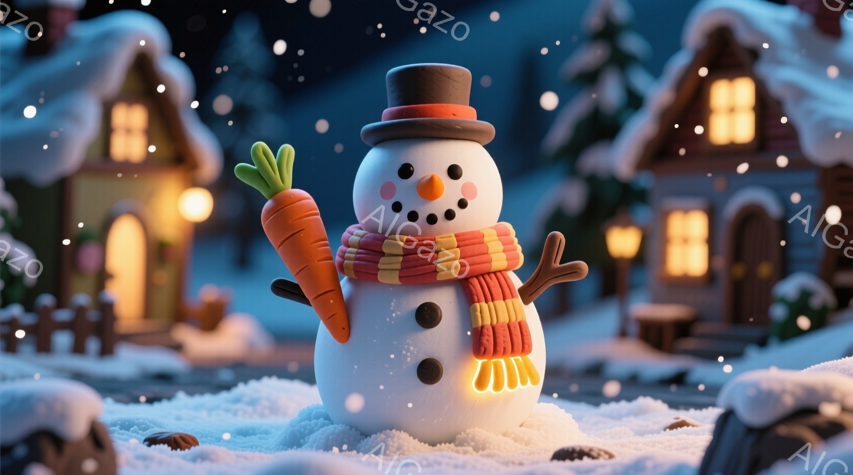 雪だるまが画面中央に位置し、頭にはシルハット、鼻にはにんじんがついています。オレンジとベージュの縞模様のスカーフを巻き、枝で作られた腕とボタンでできた表情が愛らしいです。背景には、ライトが点灯した可愛らしい家々が並び、雪が降り積もる静かで温かい冬の夜の雰囲気を感じさせます。