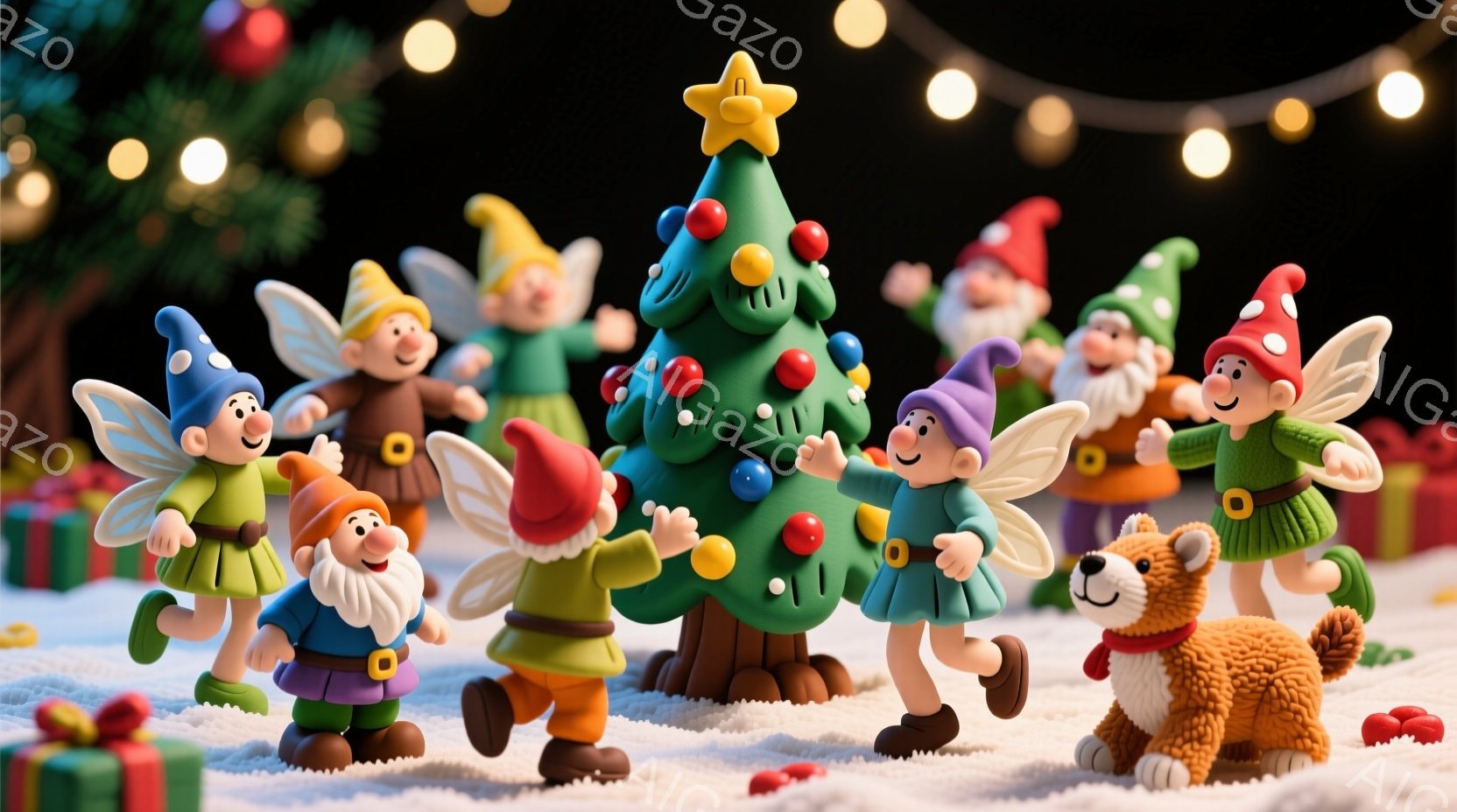 可愛らしい粘土で作られた妖精たちが、緑色のクリスマスツリーの周りを踊っています。彼らはそれぞれ異なる色の帽子と衣装を着ており、顔には幸せそうな笑顔が浮かんでいます。背景にはプレゼントの箱が置かれ、雪が積もった地面と輝くイルミネーションが、温かく幻想的な雰囲気を醸し出しています。