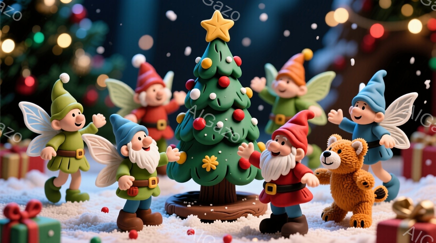 粘土で作られたような可愛らしいクリスマスのシーンです。緑や赤の帽子をかぶった小人たちがクリスマスツリーの周りで踊り、白いひげを生やした小人は両手を広げて楽しんでいます。背景には雪が舞い、プレゼントの箱が置かれ、暖かくお祝いの雰囲気です。