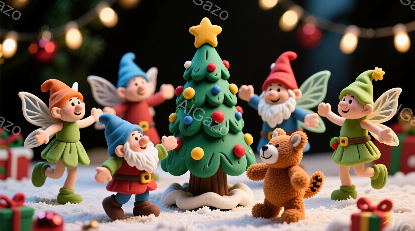 雪景色の中に、クリスマスの飾り付けられた木と、楽しそうな妖精や小人たちが集まっています。彼らはそれぞれカラフルな服を着ており、赤や緑、茶色などの色合いが目に付きます。背景には、プレゼントボックスが散らばり、全体的に暖かく、お祝いムードに満ちた雰囲気が漂っています。