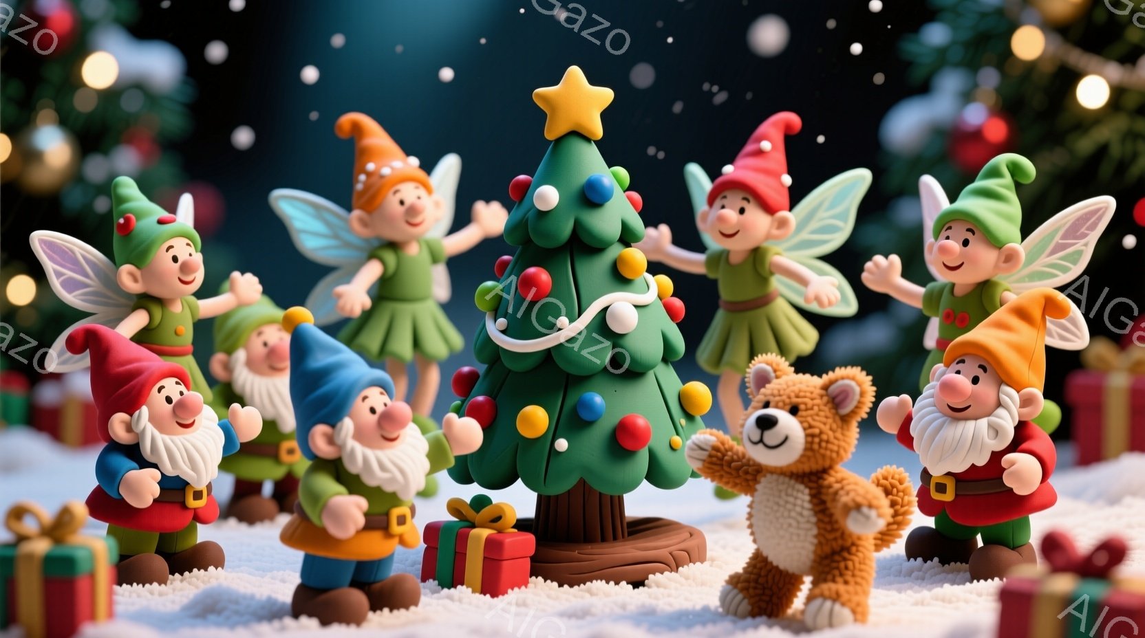 雪景色の中に、クリスマスの飾り付けられたクリスマスツリーと、妖精やテディベアの人形たちがいます。妖精たちは、それぞれ緑、オレンジ、赤の帽子をかぶり、白いひげを生やした小さな妖精もおり、楽しそうに輪にな - AI生成フリー素材
