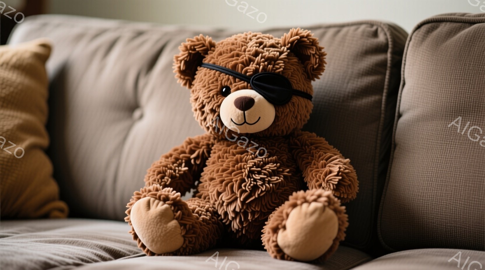 チョコレート色のモフモフしたテディベアが、茶色のクッションの上に座っています。片目に眼帯をしており、どこかいたずらっぽい表情をしています。背景には、同じ茶色のクッションが並び、暖かく穏やかな雰囲気が漂っています。