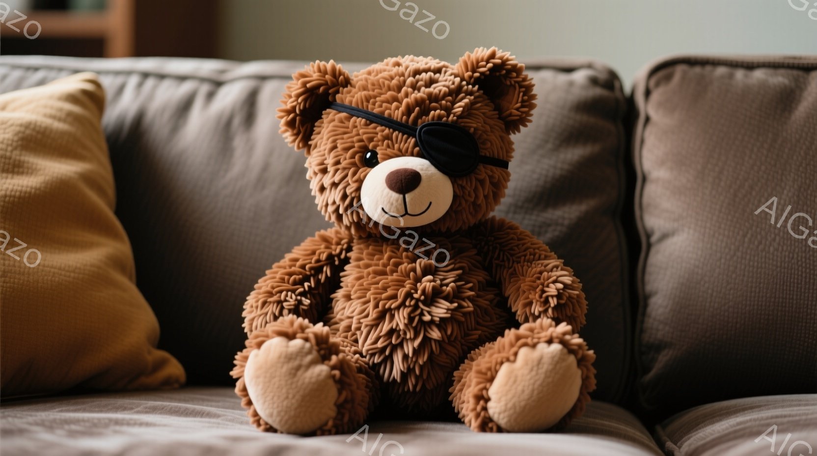濃い茶色のテディベアが、茶色のソファに座っています。片目に眼帯をつけており、少しいたずらっぽい表情をしています。背景には、明るい黄色のクッションと、ぼやけた茶色のソファが見え、暖かく居心地の良い雰囲気 - AI生成フリー素材
