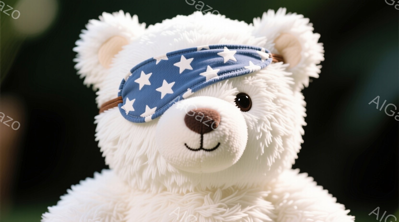 白いテディベアが、星条旗柄のヘッドバンドをつけて正面を見ている。ふわふわの毛並みと丸い目は愛らしい印象を与え、穏やかな表情をしている。背景は緑色のぼかしで、自然の中である様子がうかがえる。