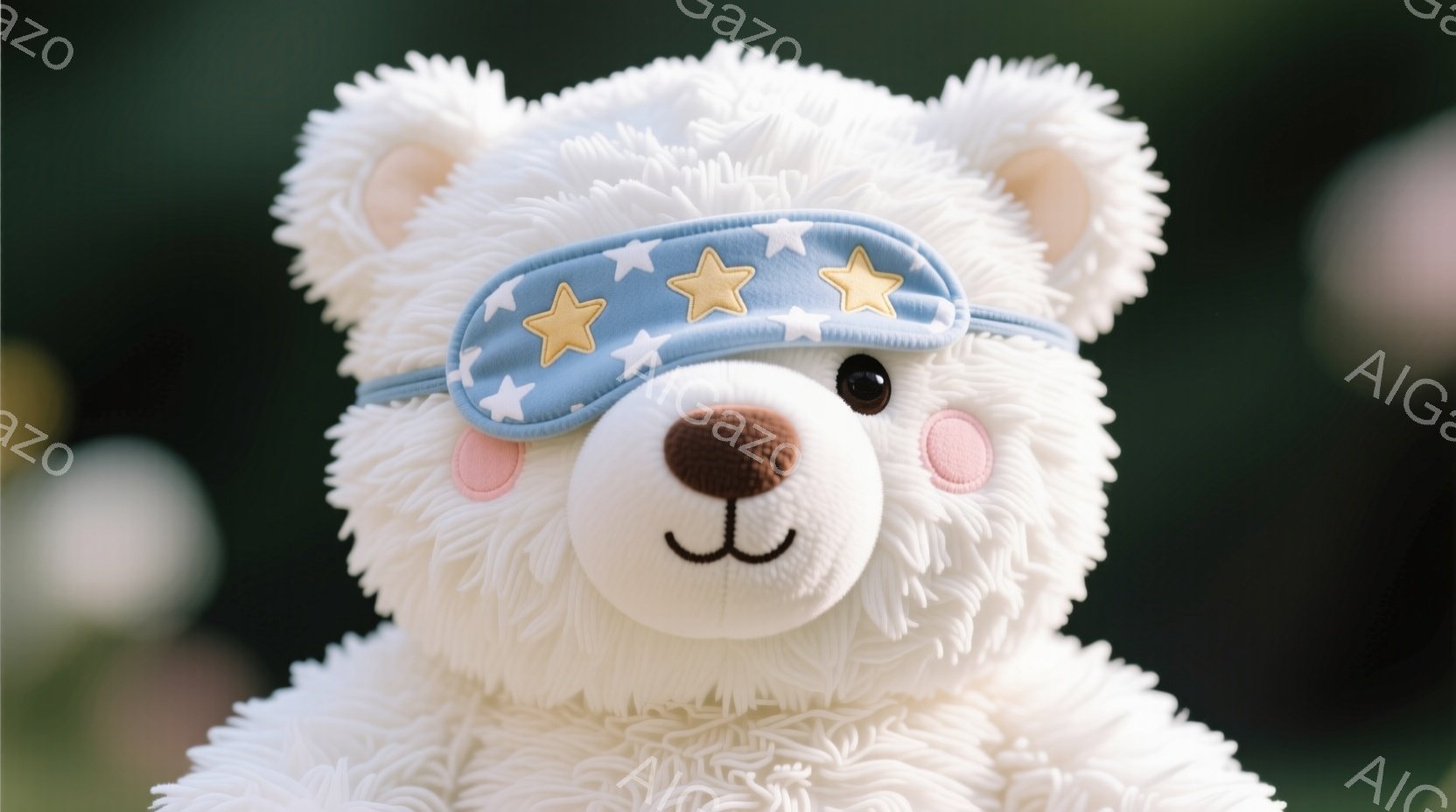 白いテディベアが、星柄の青いアイマスクをつけて正面を見ている。毛並みはふわふわとしており、頬は薄いピンク色で可愛らしい印象を与える。背景はぼやけているが、緑色の植物が見え、柔らかな雰囲気を醸し出している。