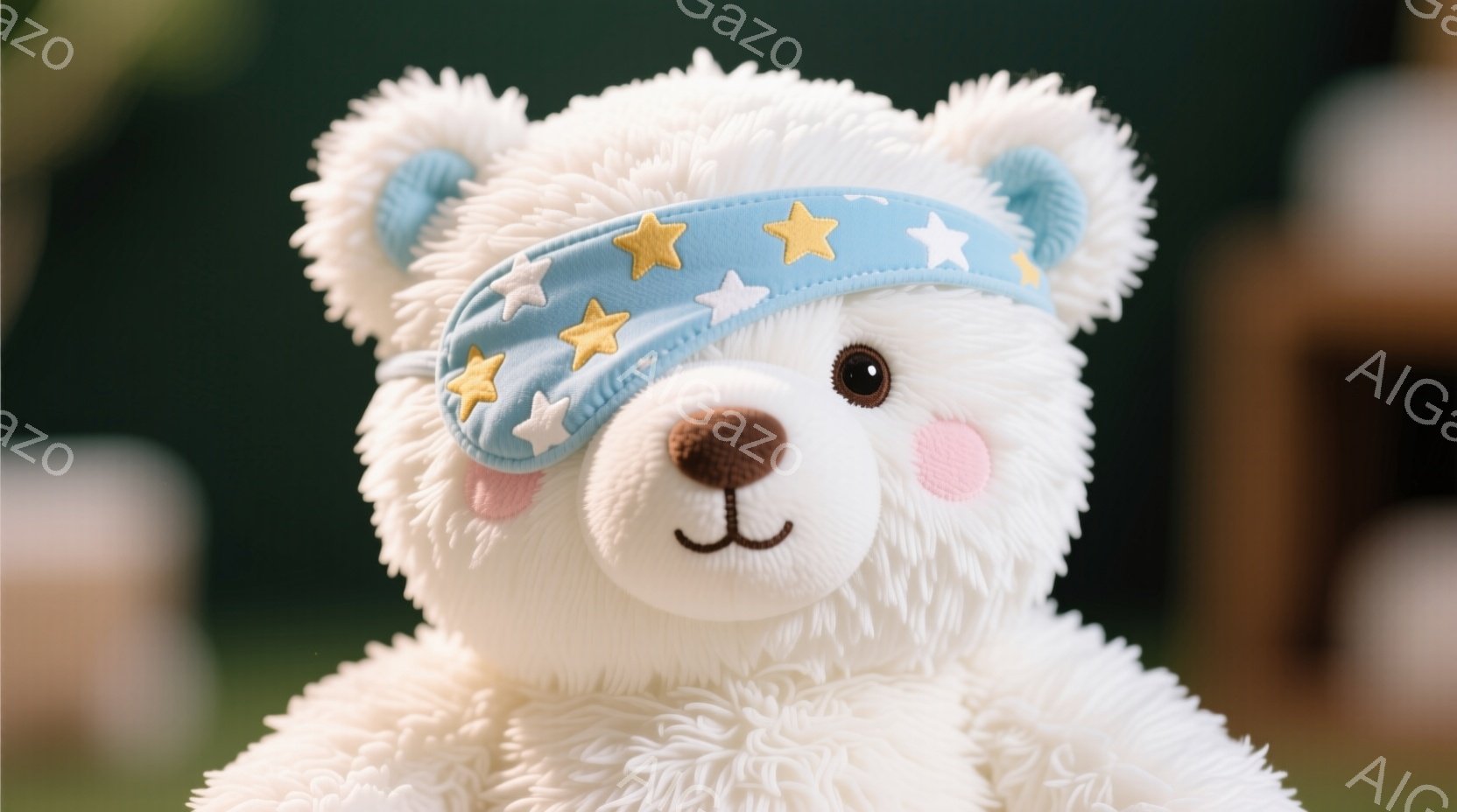 白くてふわふわのテディベアが写っています。青色の星柄のヘッドバンドをつけており、つぶらな瞳と小さな鼻が愛らしい表情を作り出しています。背景は緑色のぼやけた自然で、柔らかく温かい雰囲気を醸し出しています - AI生成フリー素材
