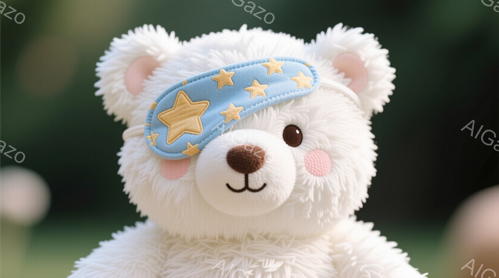白くてふわふわしたテディベアが、水色の星柄のアイマスクをつけています。愛らしい表情で、穏やかでリラックスした雰囲気を醸し出しています。背景は緑色のぼかしで、自然の中でくつろいでいるような印象を与えます - AI生成フリー素材