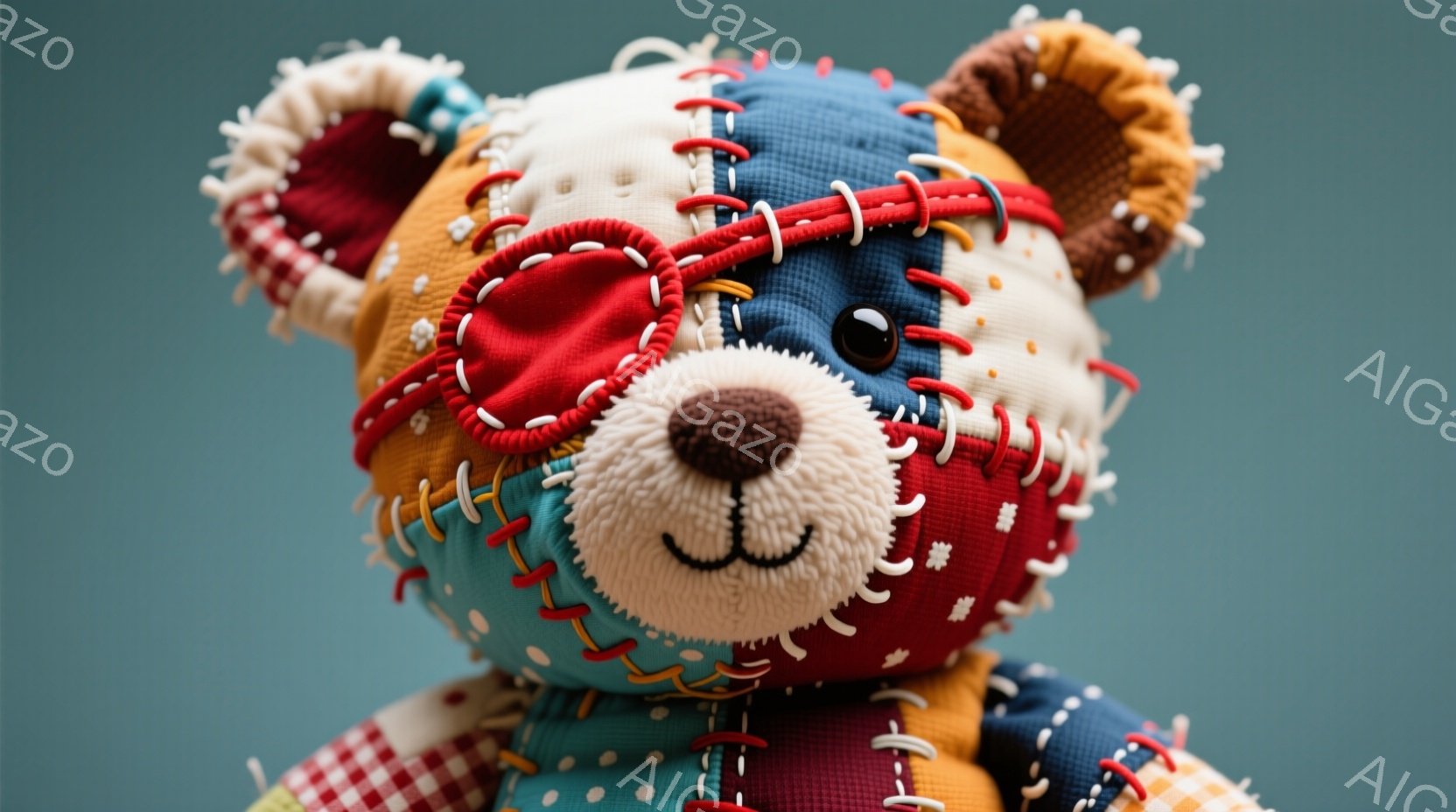 パッチワークで作られたテディベアが、鮮やかな背景色を背にして正面を見つめています。縫い目が見える可愛らしい表情で、まるで手作りのおもちゃのような温かみがあります。全体的に柔らかい雰囲気で、どこか懐かしい気持ちにさせられます。
