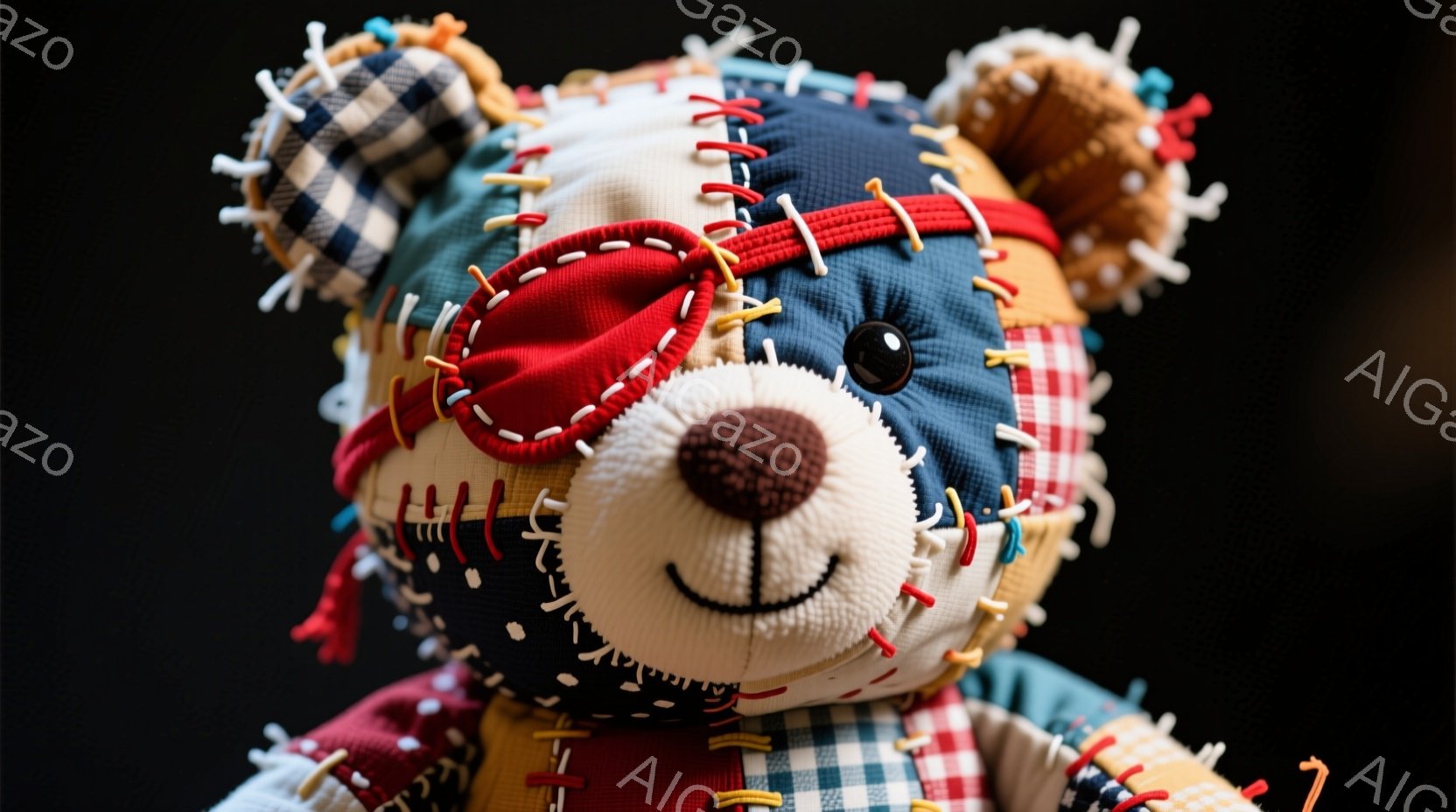 パッチワークで作られたテディベアが写っている。様々な色の布が縫い合わされており、独特の質感が感じられる。可愛らしい笑顔とつぶらな瞳が印象的で、温かみのある雰囲気を醸し出している。