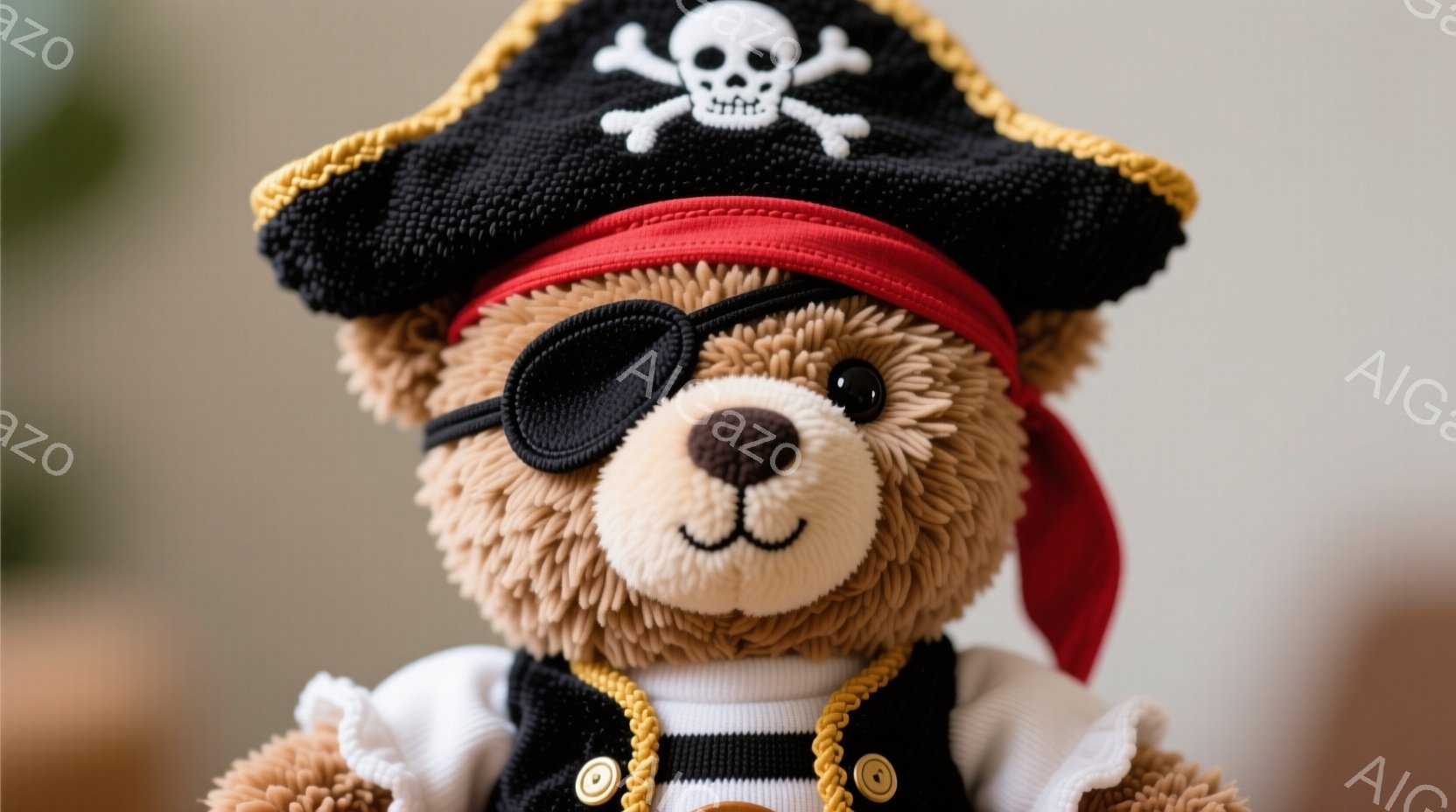 海賊の衣装を着たテディベアのクローズアップです。黒い帽子にはドクロとクロスボーンズのマークがあり、赤いバンダナで頭が飾られています。テディベアは片目に眼帯をしており、白と黒のベストを着ています。
