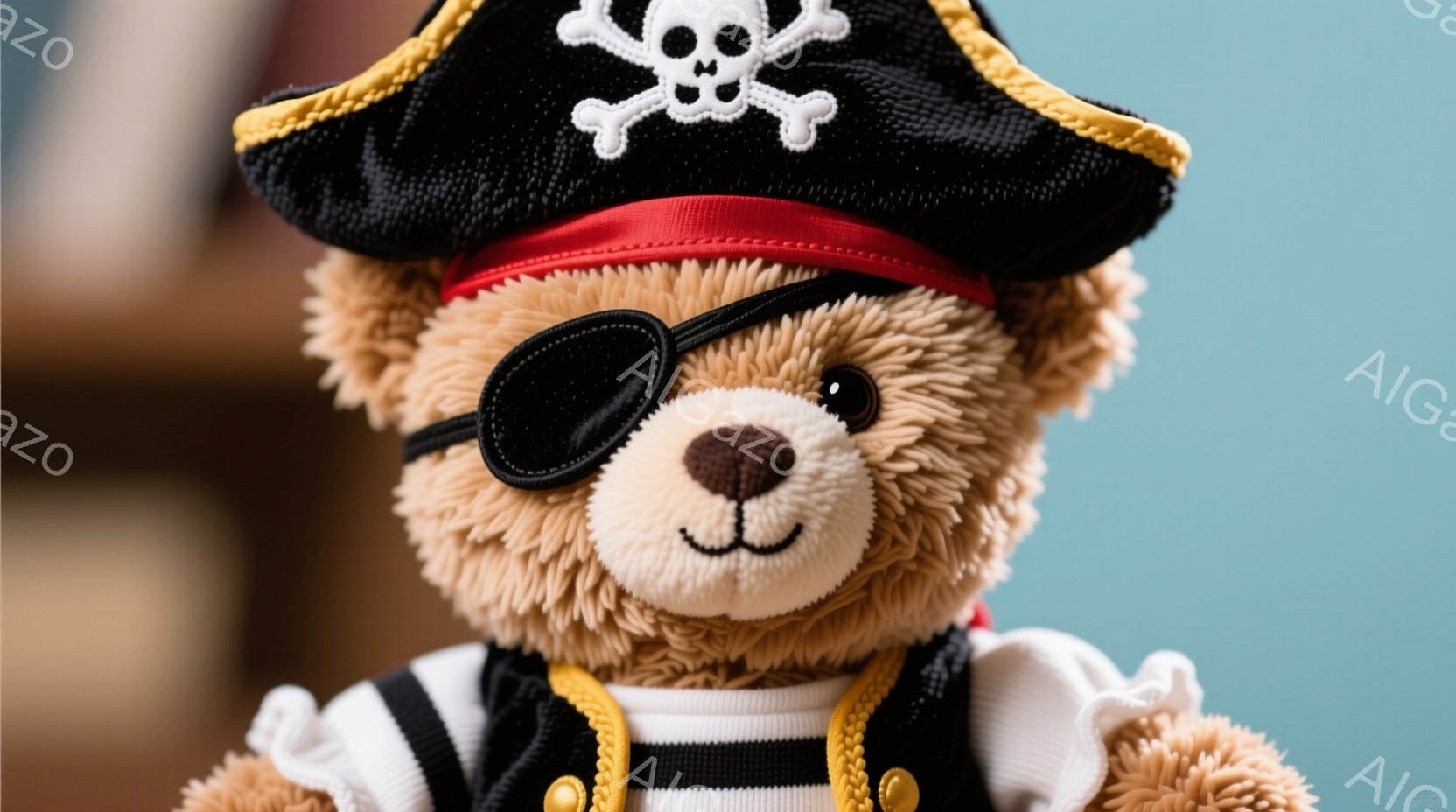 茶色のテディベアが海賊の衣装を着ています。黒い眼帯と赤いバンダナ、金色の縁取りが施された黒いベストとストライプのシャツを着ており、片方の目に眼帯をしています。背景は明るい水色で、全体的に可愛らしく遊び心のある雰囲気です。