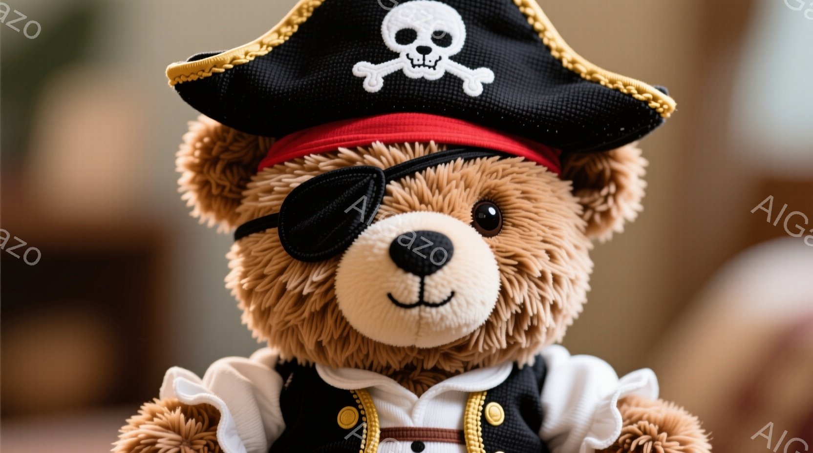 茶色のテディベアが海賊の衣装を着ています。黒い眼帯をつけ、赤いバンダナを頭に巻き、金色のトリミングが付いた黒いジャケットと白いシャツを着ています。背景はぼやけていますが、暖色系の壁と緑色の植物が見え、 - AI生成フリー素材