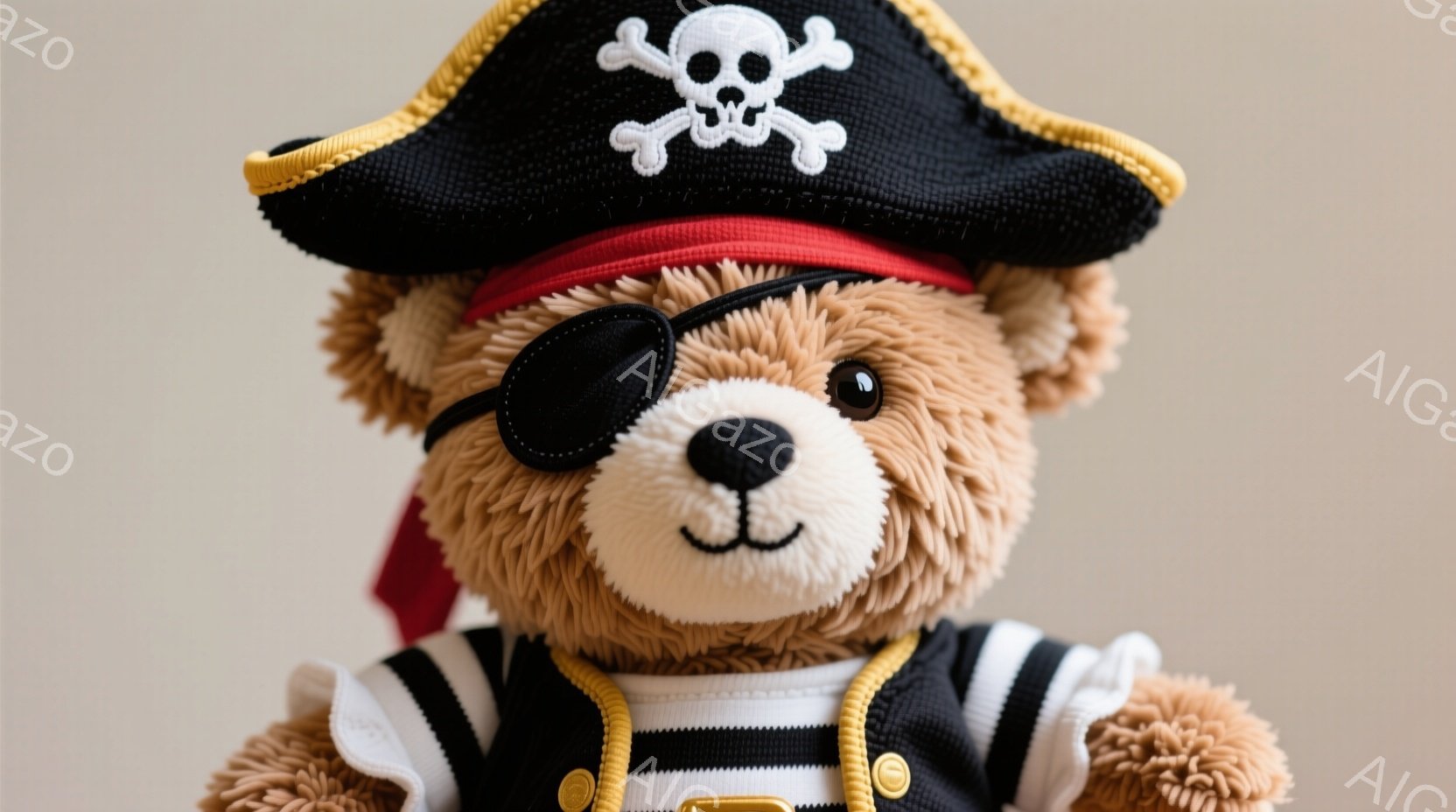 茶色のテディベアが海賊の衣装を着て正面を向いています。黒いバンダナと赤いバンダナを身に着け、左目に眼帯をつけています。背景はぼやけたベージュ色で、テディベアが主役となっており、愛らしい雰囲気を醸し出しています。