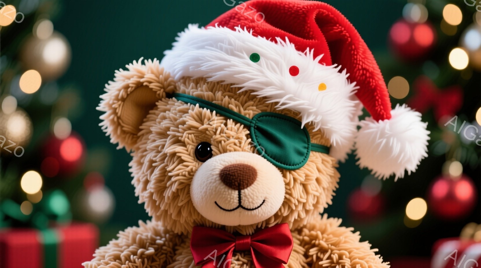 ふわふわの茶色のテディベアが、赤いサンタ帽と赤い蝶ネクタイをつけている。片目に緑色の眼帯をしており、お茶目な表情をしている。背景にはぼやけたクリスマスツリーのライトとプレゼントが見え、温かくお祝いムー - AI生成フリー素材