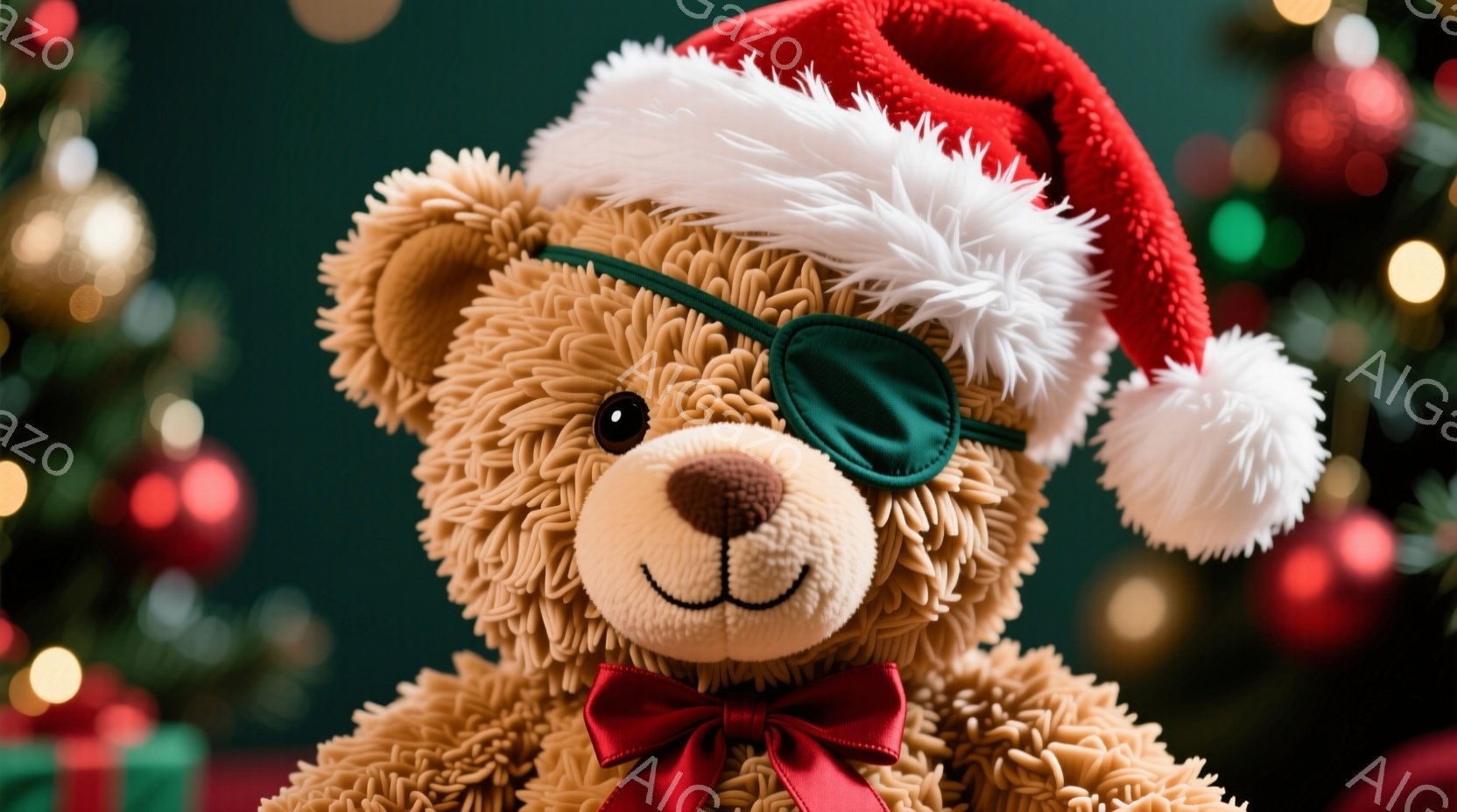 柔らかい茶色のテディベアが、赤いサンタの帽子と赤いリボンをつけて正面を見つめている。片目に眼帯をしているというユニークなスタイルで、背景にはぼやけたクリスマスツリーと装飾が散りばめられている。全体的に - AI生成フリー素材