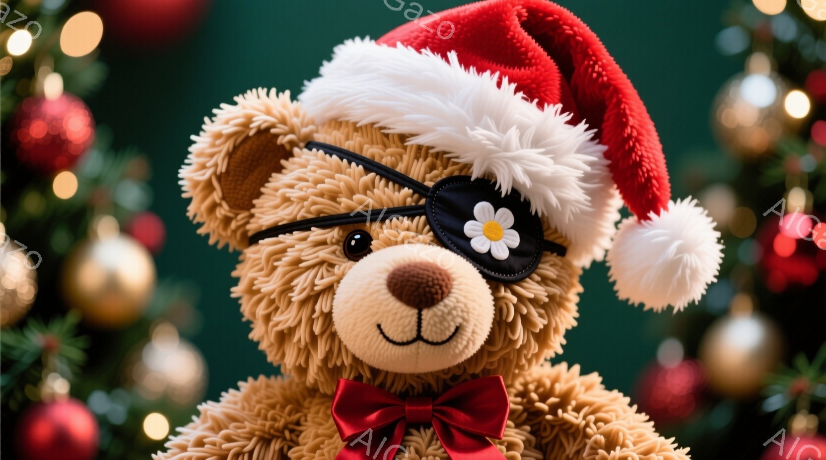 茶色のふわふわしたテディベアが、赤いサンタ帽子と赤いリボンタイを身に着けて正面を見つめています。片目に白い花柄のアイパッチをつけており、少しいたずらっぽい表情をしています。背景には、ぼやけたクリスマスツリーの飾りと光があり、暖かくお祝いムードが漂っています。
