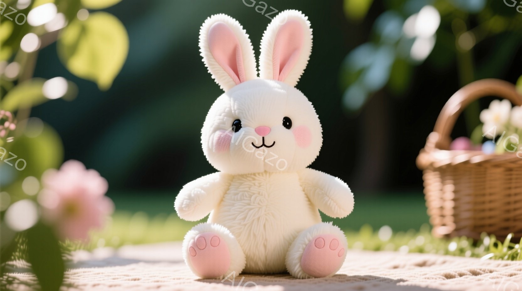 ふわふわの白いウサギのぬいぐるみは、ピンクの足の裏が可愛らしいです。緑の芝生の上で穏やかに座っており、背景にはピンクの花と籐のバスケットが見えます。全体的に柔らかく、春らしい暖かく優しい雰囲気です。