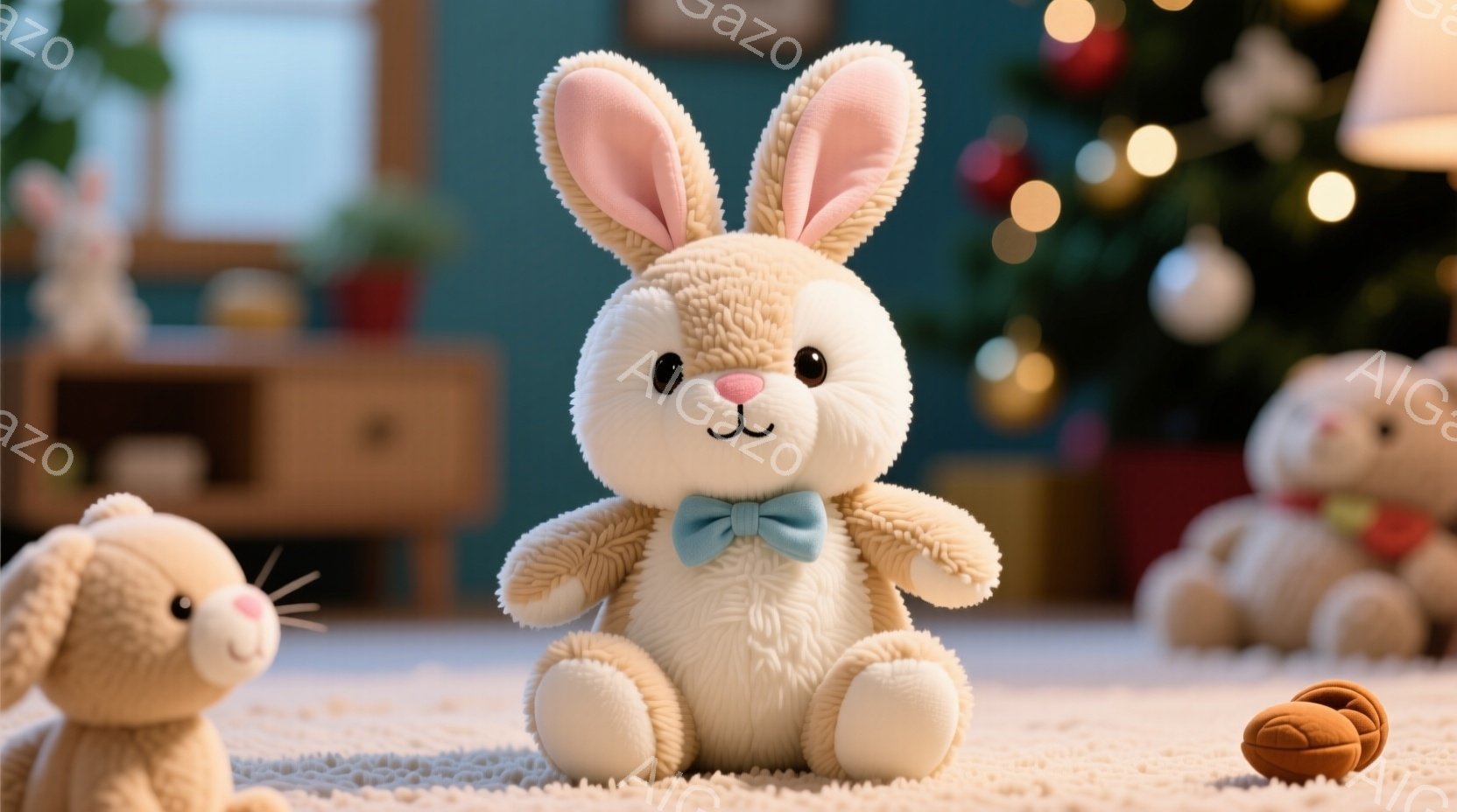 柔らかいクリーム色のウサギのぬいぐるみたちがカーペットの上に座っています。中央のウサギは水色の蝶ネクタイをつけており、愛らしい表情をしています。背景にはぼやけたクリスマスツリーと家具が見え、温かく、居心地の良い雰囲気です。