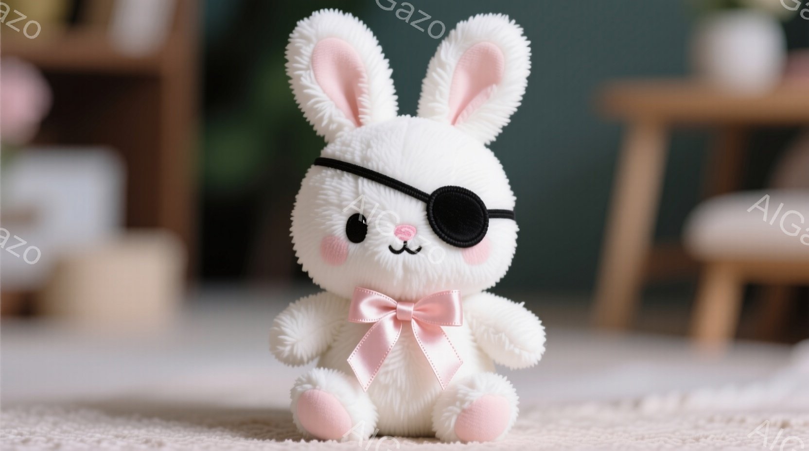 白くてふわふわしたウサギのぬいぐるみは、片方の目に黒い眼帯をつけています。ピンクのリボンが首元に結ばれており、可愛らしい表情をしています。背景には木製の家具が見え、温かみのある室内が表現されています。