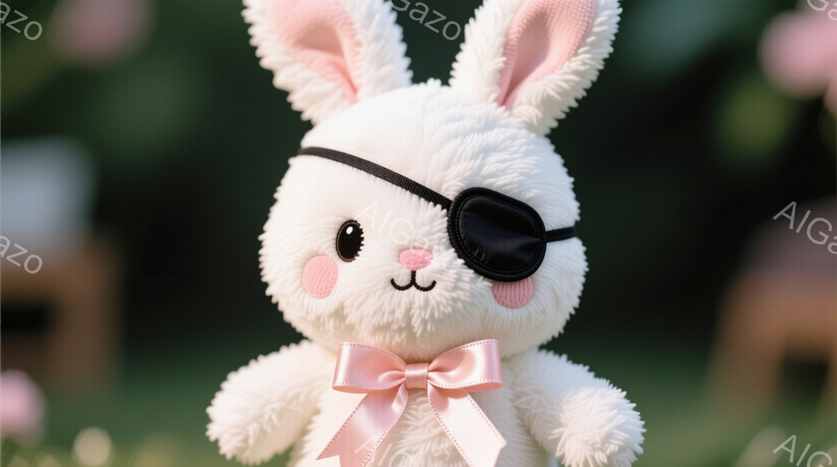 白いふわふわのウサギのぬいぐるみは、片目に黒い眼帯をつけています。ピンクのリボンが首元に結ばれており、愛らしい表情をしています。背景は緑のぼやけた自然で、春らしい柔らかい雰囲気を醸し出しています。 - AI生成フリー素材