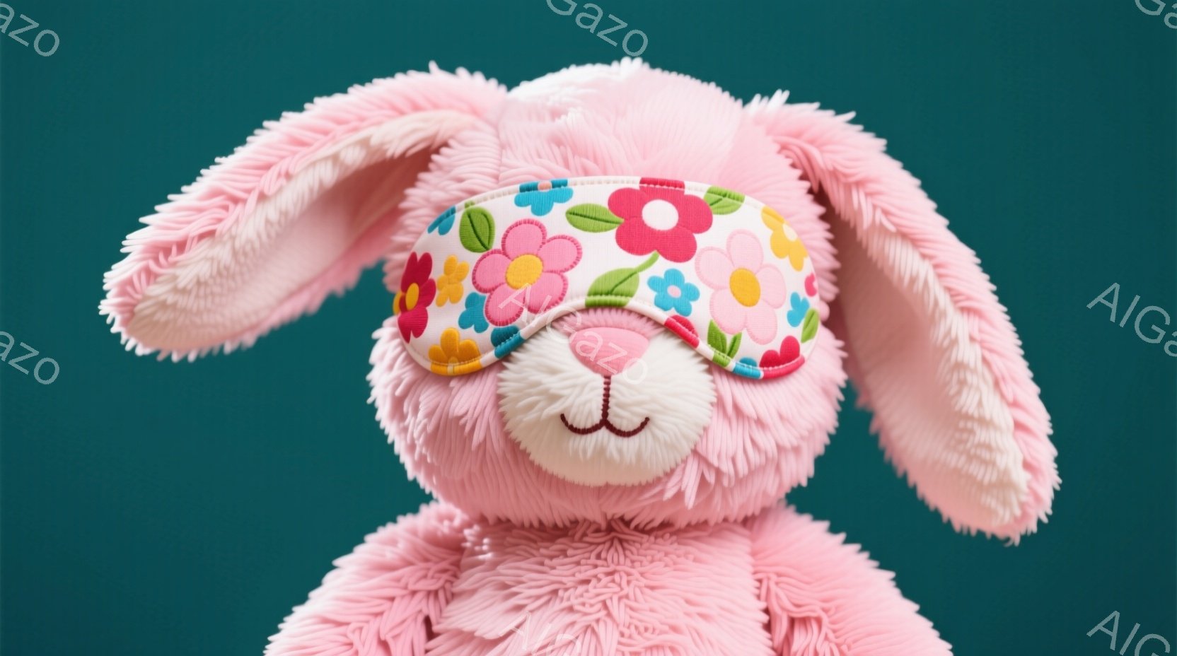 ふわふわのピンク色のウサギのぬいぐるみは、花柄のアイマスクをつけて目を閉じています。 ぬいぐるみは正面を向き、穏やかでリラックスした表情をしています。 背景は深緑色で、ぬいぐるみだけが際立って見えます。