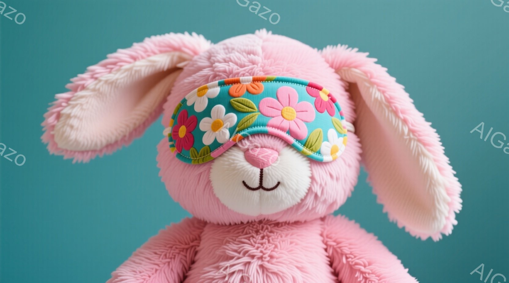 薄いピンク色のふわふわとしたウサギのぬいぐるみは、鮮やかな花柄のアイマスクを付けています。ウサギは正面を向き、穏やかでリラックスした表情をしています。背景は明るい水色で、ぬいぐるみを引き立てています。