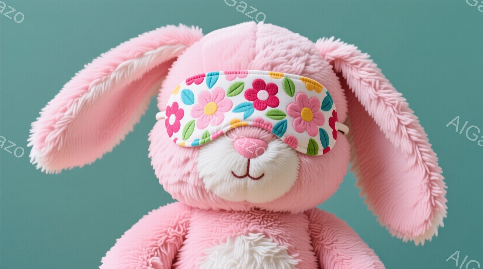 ふわふわのピンク色のウサギのぬいぐるみは、花柄のアイマスクをつけています。その表情は穏やかで、リラックスした雰囲気です。背景は水色の単色で、ぬいぐるみを引き立てています。