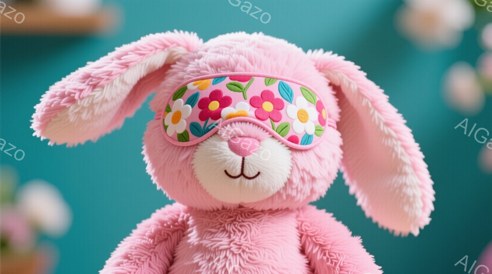 ピンク色のふわふわしたウサギのぬいぐるみは、花柄のアイマスクをかけています。ウサギは正面を向いており、優しく穏やかな表情をしています。背景は水色のグラデーションで、ぼやけた花柄が描かれており、全体的に柔らかく、心地よい雰囲気を醸し出しています。