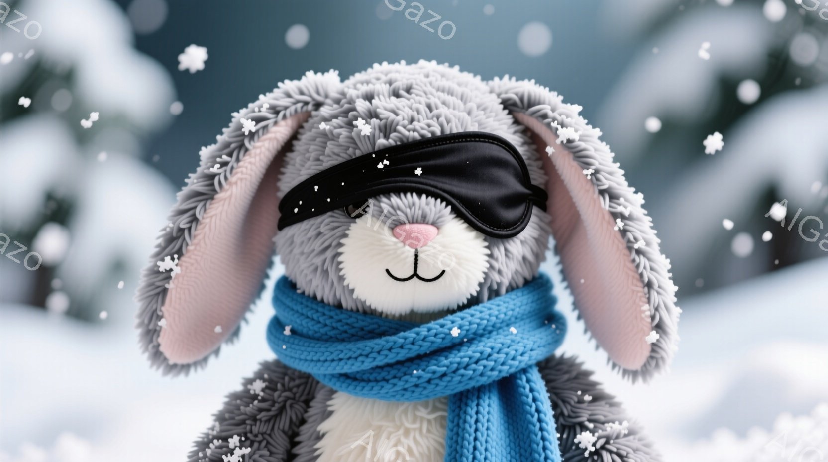 ふわふわの灰色の毛並みを持つウサギのぬいぐるみは、青い編み物のマフラーを首に巻き、目を覆うように黒いアイマスクをつけています。表情は穏やかで、雪が降る冬の背景に暖かさと可愛らしさを添えています。背景にはぼやけた木々と降り積もる雪が見え、静かで穏やかな冬の雰囲気を醸し出しています。