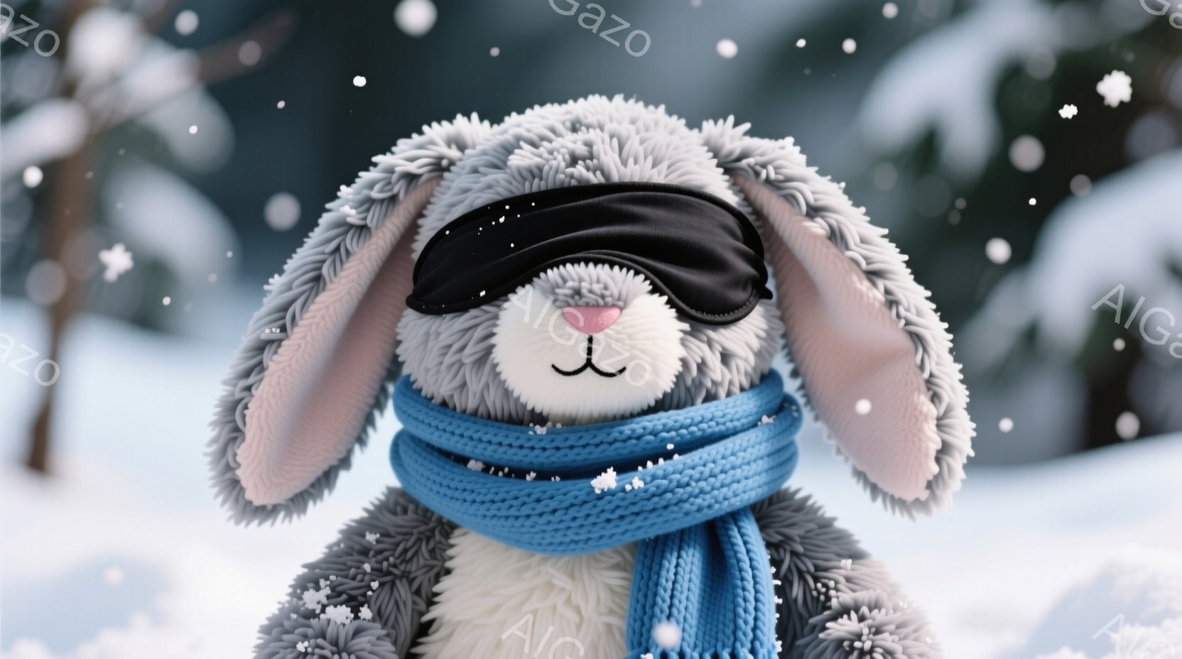 灰色の毛並みのウサギのぬいぐるみは、青い編み物のマフラーを首に巻き、黒いアイマスクをつけています。穏やかな表情で正面を見つめており、ふわふわとした毛並みが特徴的です。背景には雪が降り積もる冬の森が広がり、静かで穏やかな雰囲気を醸し出しています。