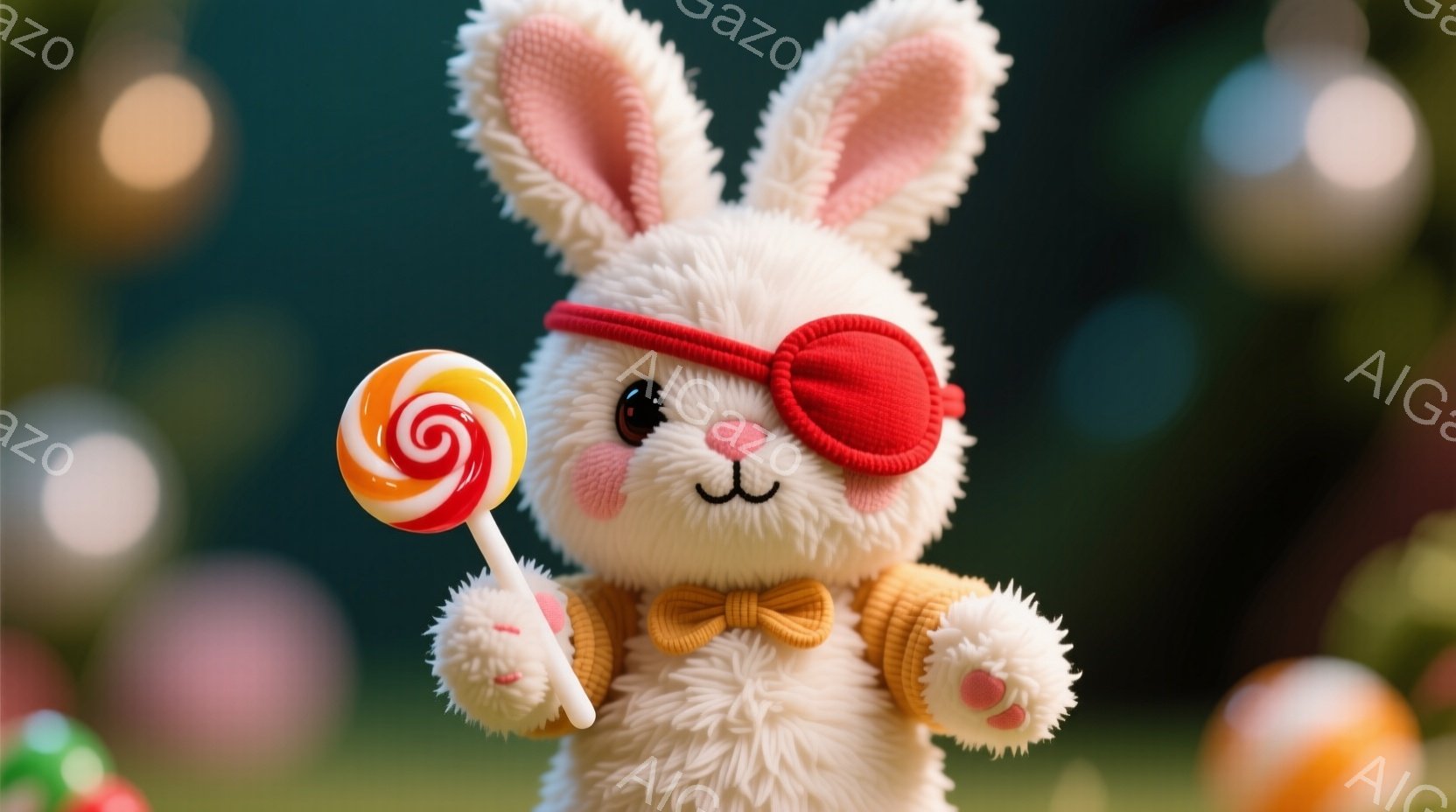 白くてふわふわしたウサギのぬいぐるみが、赤い眼帯と黄色のセーター、そして蝶ネクタイを着ています。ウサギは左手に大きなキャンディを持っています。背景はぼやけた緑色で、クリスマスのオーナメントのような丸い光のぼかしが見られ、お祝いの雰囲気です。