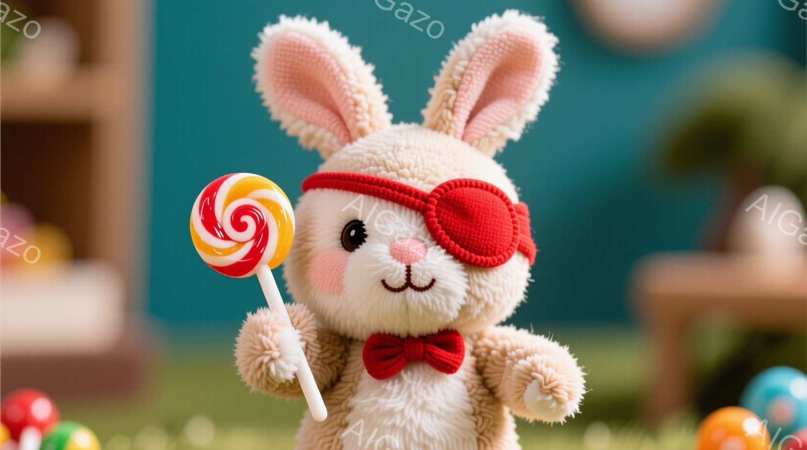 白いふわふわのウサギのぬいぐるみは、赤いバンダナで片目を隠し、赤い蝶ネクタイをつけています。右手にカラフルな棒付きキャンディーを持ち、少し微笑んでいるように見えます。背景にはぼやけた緑色の壁と、色とりどりの球体が散らばっており、全体的に明るく可愛らしい雰囲気です。