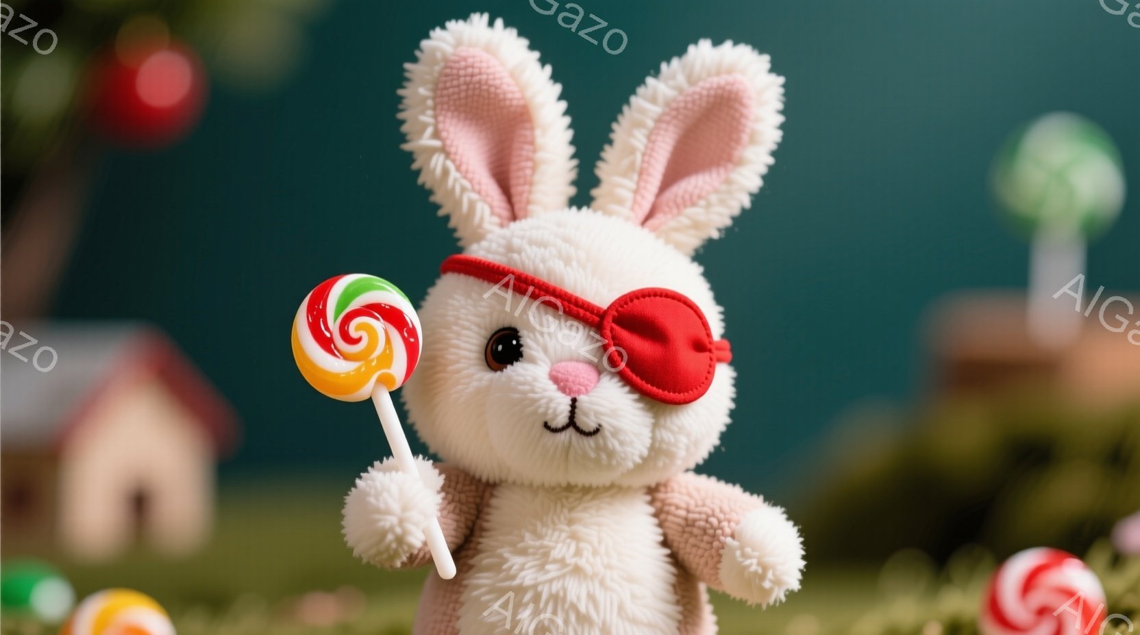 白いふわふわのウサギのぬいぐるみは、赤い眼帯を付けて片目を隠しています。右手にキャンディーを持っており、少し上目遣いで、可愛らしい表情をしています。背景には、カラフルな家々や緑の植物が見え、お菓子の国のようなファンタジーな雰囲気です。