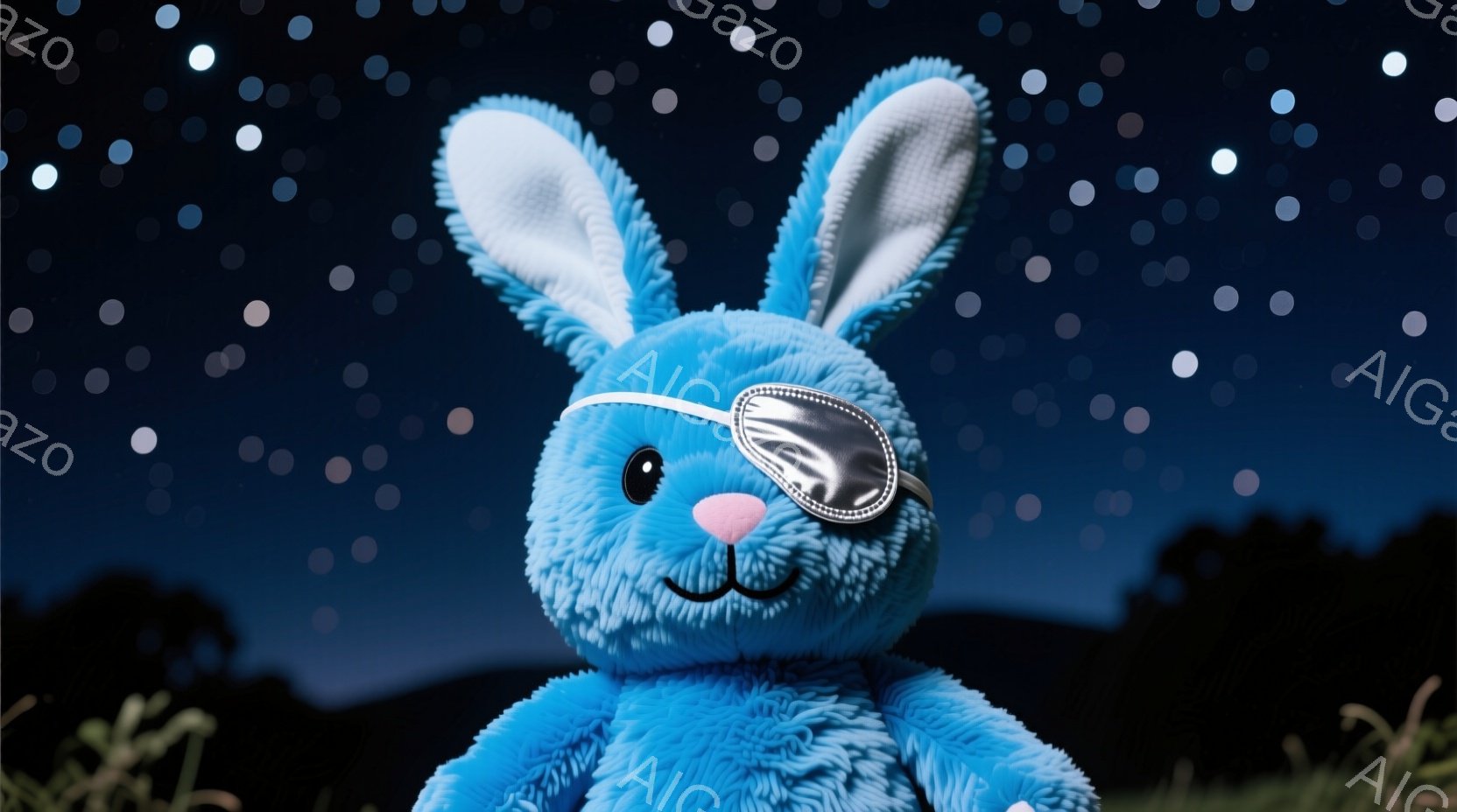 明るい水色の毛並みのぬいぐるみウサギが、片目に銀色の眼帯をつけてこちらを見ています。ウサギは緑色の草の上に座っており、背景は夜空と、ぼんやりと見えるシルエットの丘です。全体的に、可愛らしく少しいたずらっぽい雰囲気です。