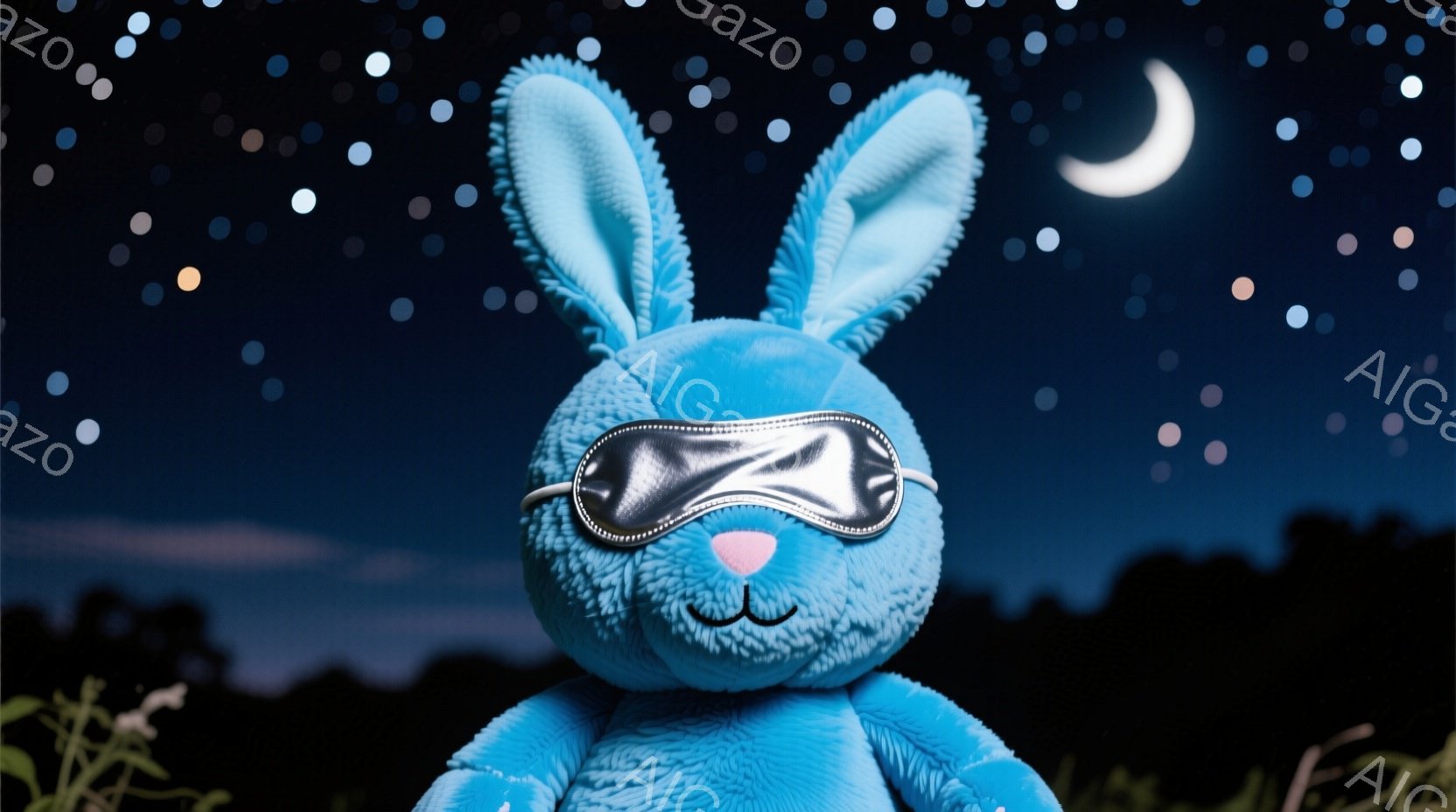 明るい水色のウサギのぬいぐるみは、目を覆う銀色のアイマスクをつけています。背景は夜空で、星と三日月が輝き、遠くにはシルエットのような緑の草木が見えます。全体的に穏やかで、夢見心地な雰囲気です。
