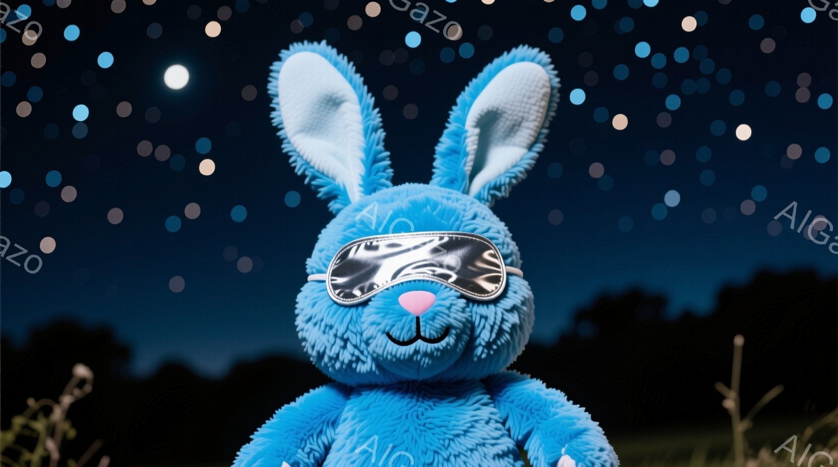 明るい水色のふわふわとしたウサギのぬいぐるみは、銀色のアイマスクをかけて眠っているように見えます。背景は暗い夜空で、小さな星が散りばめられており、下には緑の草が生えています。全体的に、安らかで夢のよう - AI生成フリー素材