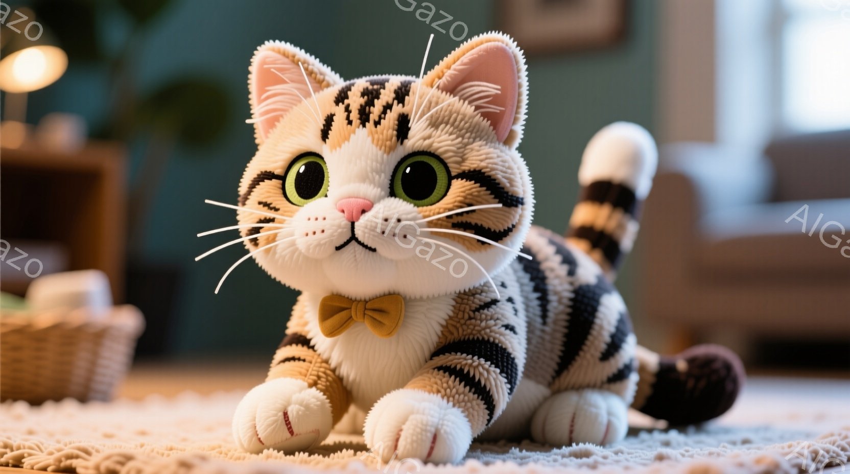 茶色と黒の縞模様の猫が、明るい部屋のカーペットの上に横たわっています。首には黄色い蝶ネクタイがついており、つぶらな緑色の瞳とピンクの鼻が愛らしい表情を作り出しています。背景には、ぼやけた家具と窓が見え、全体的に温かく、おもちゃのような雰囲気です。