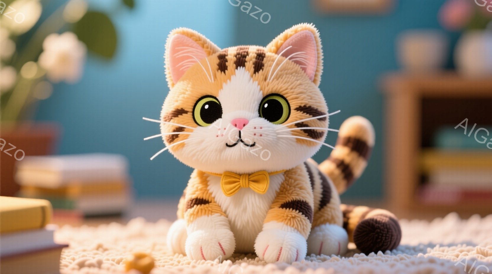 縞模様の茶色と白の猫が、ふわふわの敷物の上に座っています。その猫は黄色い蝶ネクタイをつけており、丸い目と小さな鼻が可愛らしい表情を作り出しています。背景には本棚と植物があり、温かく穏やかな室内環境が表現されています。