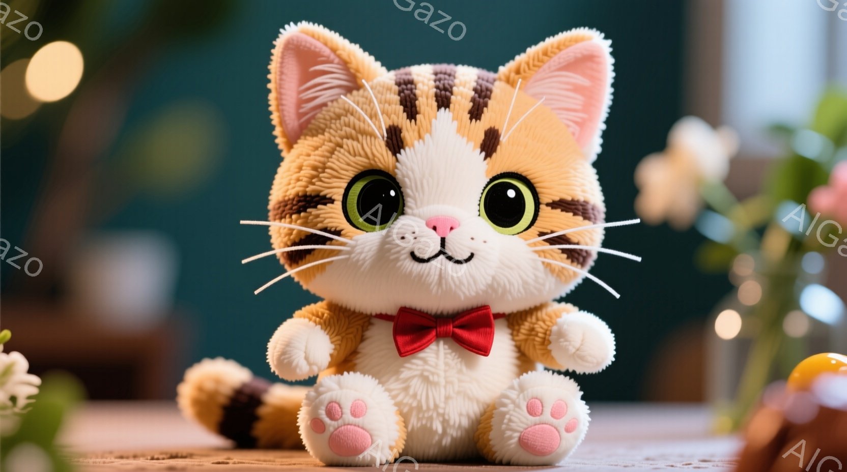 ふわふわの茶色と白の縞模様の猫のぬいぐるみで、赤い蝶ネクタイをつけています。丸い顔には、大きな緑色の目と小さなピンクの鼻があり、穏やかで愛らしい表情をしています。背景は少しぼやけており、テーブルの上に - AI生成フリー素材