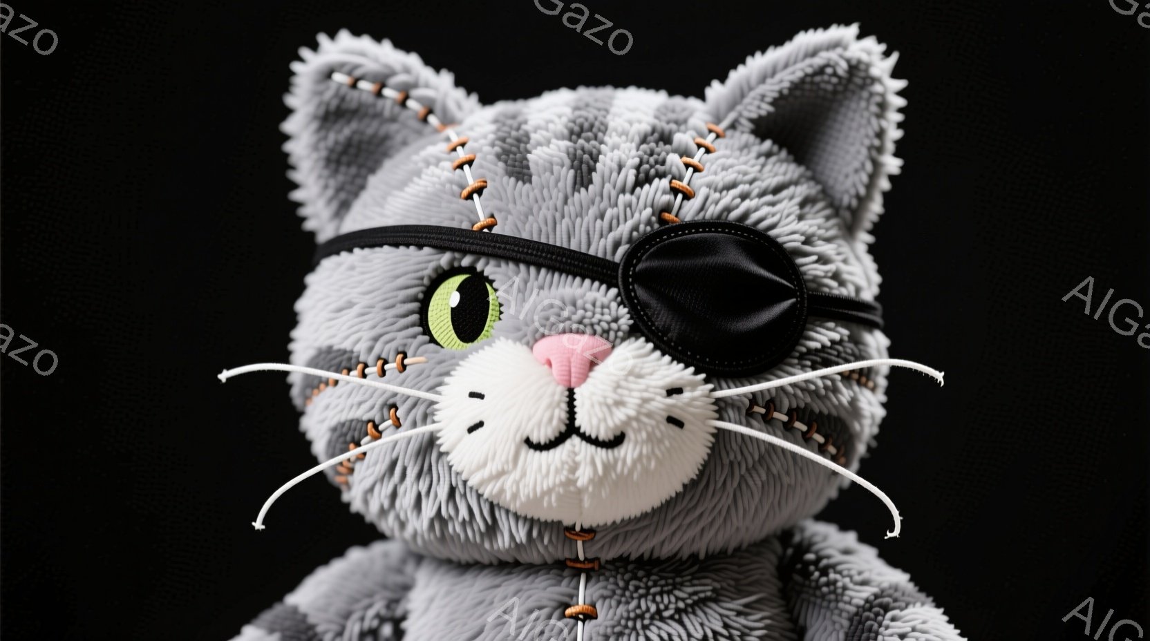 灰色のモフモフした猫のぬいぐるみのお顔が大きく写っています。片方の目が黒い眼帯で覆われ、縫い目のようなステッチが猫の体に施されています。背景は真っ黒で、ぬいぐるみが際立っており、少し不気味ながらも可愛らしい雰囲気を醸し出しています。
