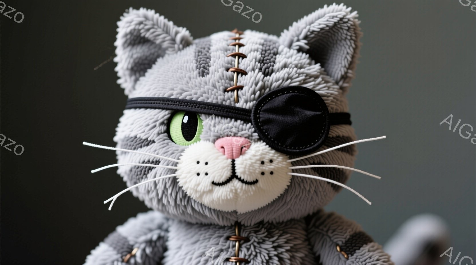 これは、片目に眼帯をした灰色の猫のぬいぐるみです。縫い目のような装飾が首元と体に施されており、少しお茶目な表情をしています。背景は暗いグレーで、猫のふわふわとした質感が際立っています。