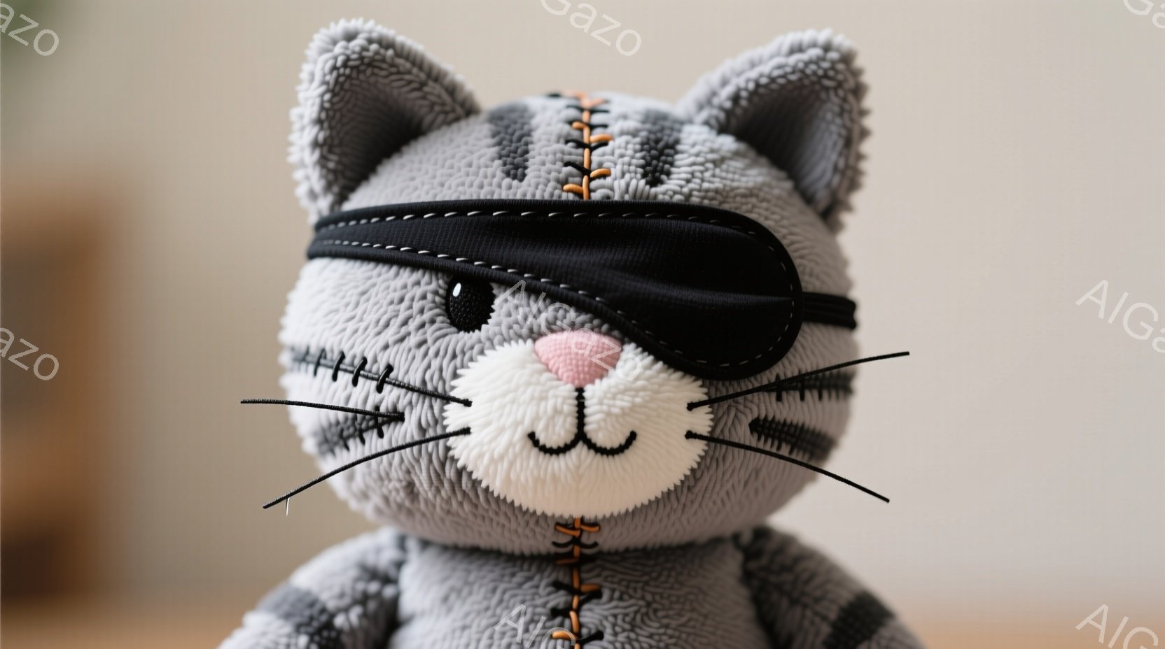 これは灰色の縞模様の猫のぬいぐるみで、片目に眼帯をつけています。ぬいぐるみは前方を向いており、口元には微笑みが表現されています。背景はぼかされており、暖かく優しい雰囲気です。