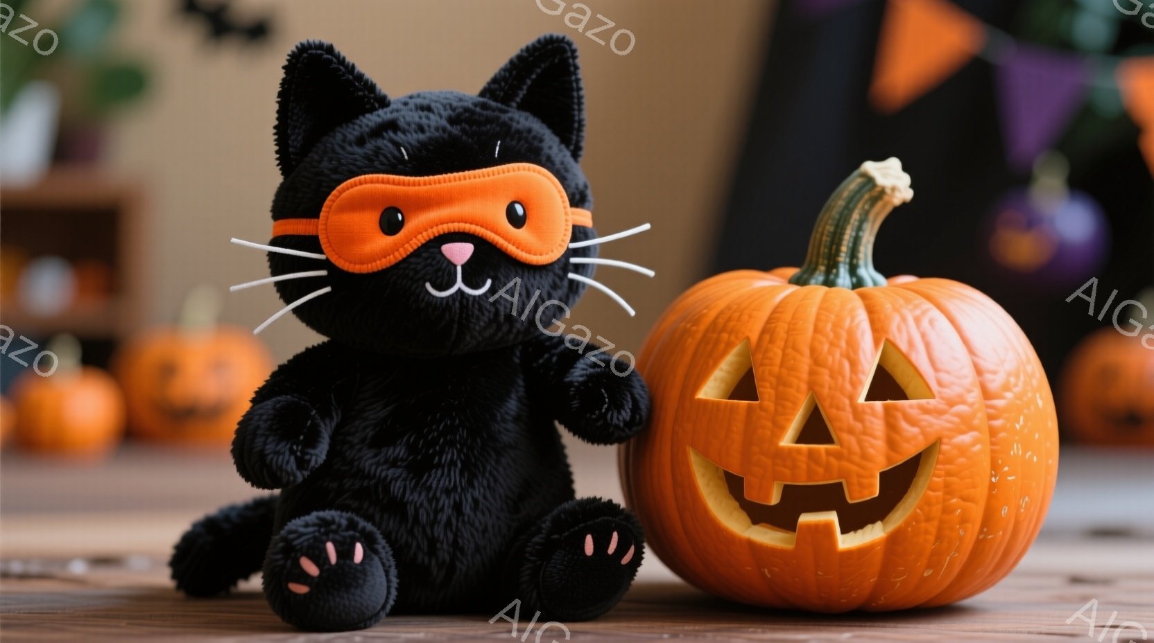 黒いふわふわの猫のぬいぐるみは、オレンジ色のハロウィン仮装のアイマスクをつけて座っています。その隣には、不気味な笑顔が彫られた中型のオレンジ色のジャック・オ・ランタンが置かれています。背景には、他の小さなカボチャやハロウィンの飾りがあり、全体的に温かく楽しい雰囲気が漂っています。