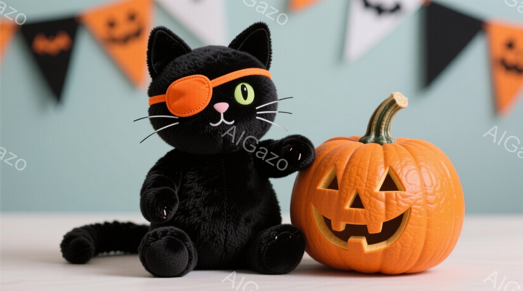 黒いぬいぐるみの猫が、片目にオレンジ色の眼帯をして、右手を上げています。背景は水色の壁で、ハロウィーンを象徴するカボチャの飾りと、オレンジと黒の旗が飾られています。全体的に、ハロウィーンの楽しい雰囲気を醸し出しています。