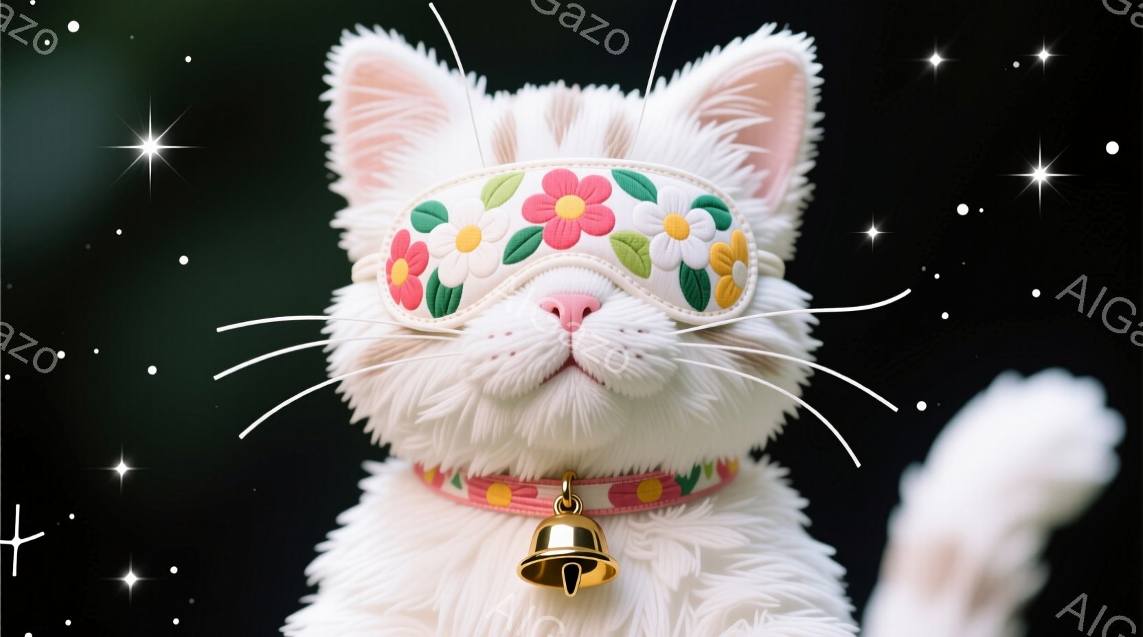 白い猫が、花柄のアイマスクとピンク色の首輪を身につけています。猫は正面を見据え、リラックスした表情で、ふわふわとした毛並みが特徴的です。背景は暗く、猫が際立っており、可愛らしい雰囲気を醸し出しています。